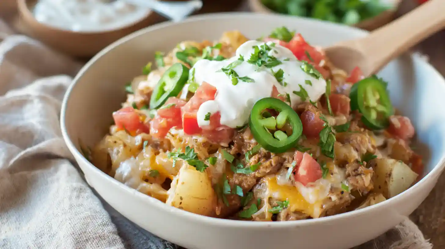 served-cheesy-taco-potatoes-toppings Served bowl of Comforting Cheesy Taco Potatoes with toppings