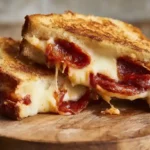 Sliced pizza grilled cheese sandwich served with marinara dipping sauce