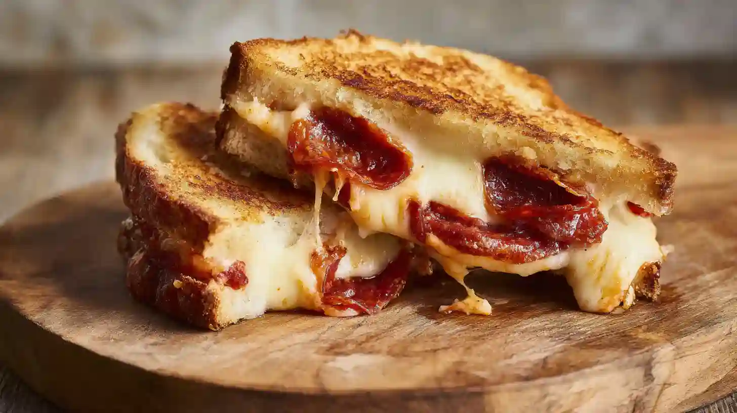 served-pizza-grilled-cheese-with-marinara Sliced pizza grilled cheese sandwich served with marinara dipping sauce