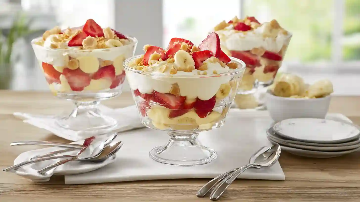 served-strawberry-cheesecake-banana-pudding-cups Strawberry Cheesecake Banana Pudding Recipe served in clear dessert cups