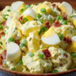 Served Creamy Amish Potato Salad Recipe topped with paprika and scallions