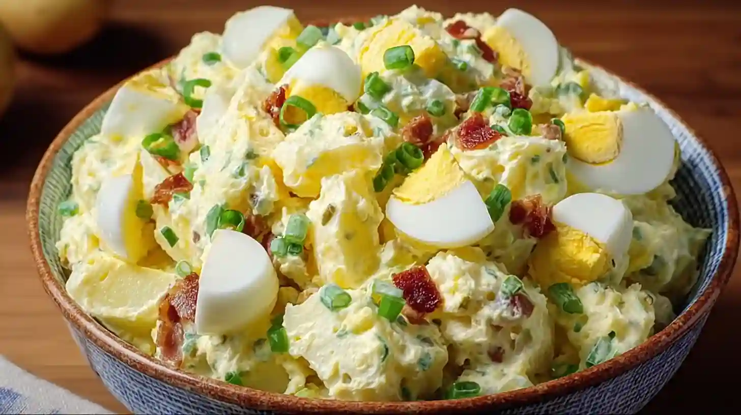 serving-creamy-amish-potato-salad-Recipe Served Creamy Amish Potato Salad Recipe topped with paprika and scallions