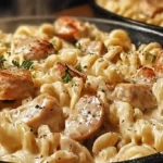 Creamy Pepper Jack Chicken and Sausage Pasta served with parsley