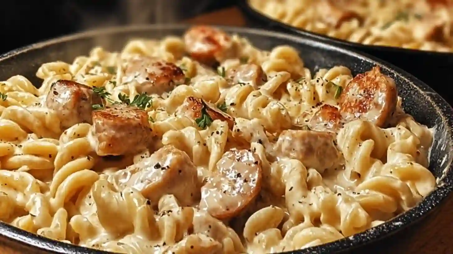 serving-creamy-pepper-jack-chicken-and-Sausage-pasta Creamy Pepper Jack Chicken and Sausage Pasta served with parsley