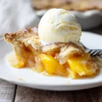Peach cobbler slice served warm with vanilla ice cream