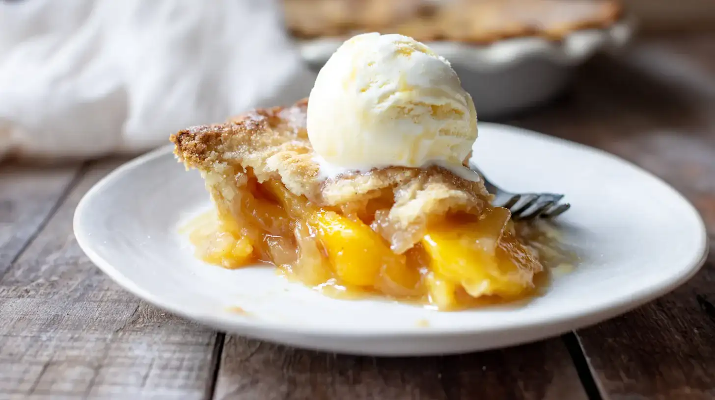 serving-peach-cobbler-with-ice-cream Peach cobbler slice served warm with vanilla ice cream