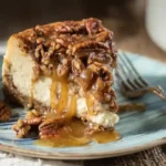 Slice of pecan pie cheesecake with caramel topping