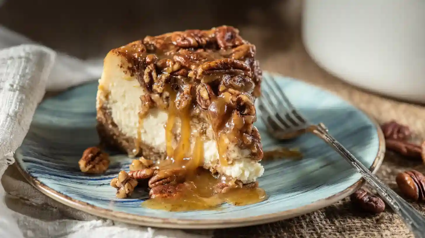 serving-slice-pecan-cheesecake Slice of pecan pie cheesecake with caramel topping