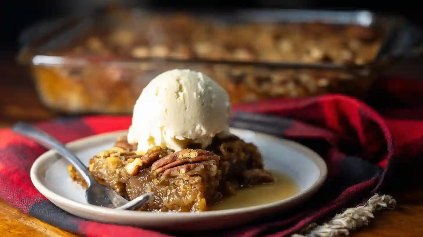 serving-warm-easy-pecan-pie-dump-cake-step7 Warm slice of easy pecan pie dump cake with vanilla ice cream for best cake recipes for bake sale