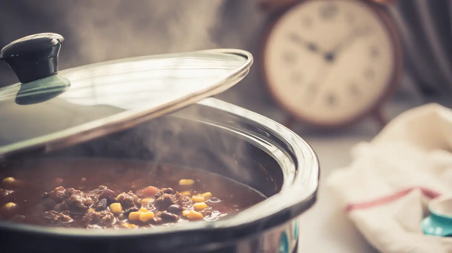 set-and-forget-slow-cooker-taco-soup covering slow cooker to simmer taco soup – set and forget meals