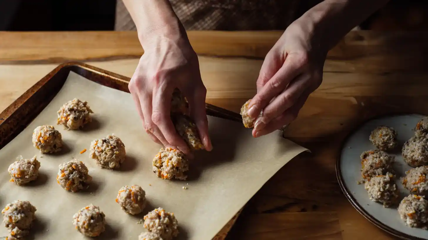 shaping-rotel-sausage-bites Rolling sausage and cream cheese mixture into bite-sized balls