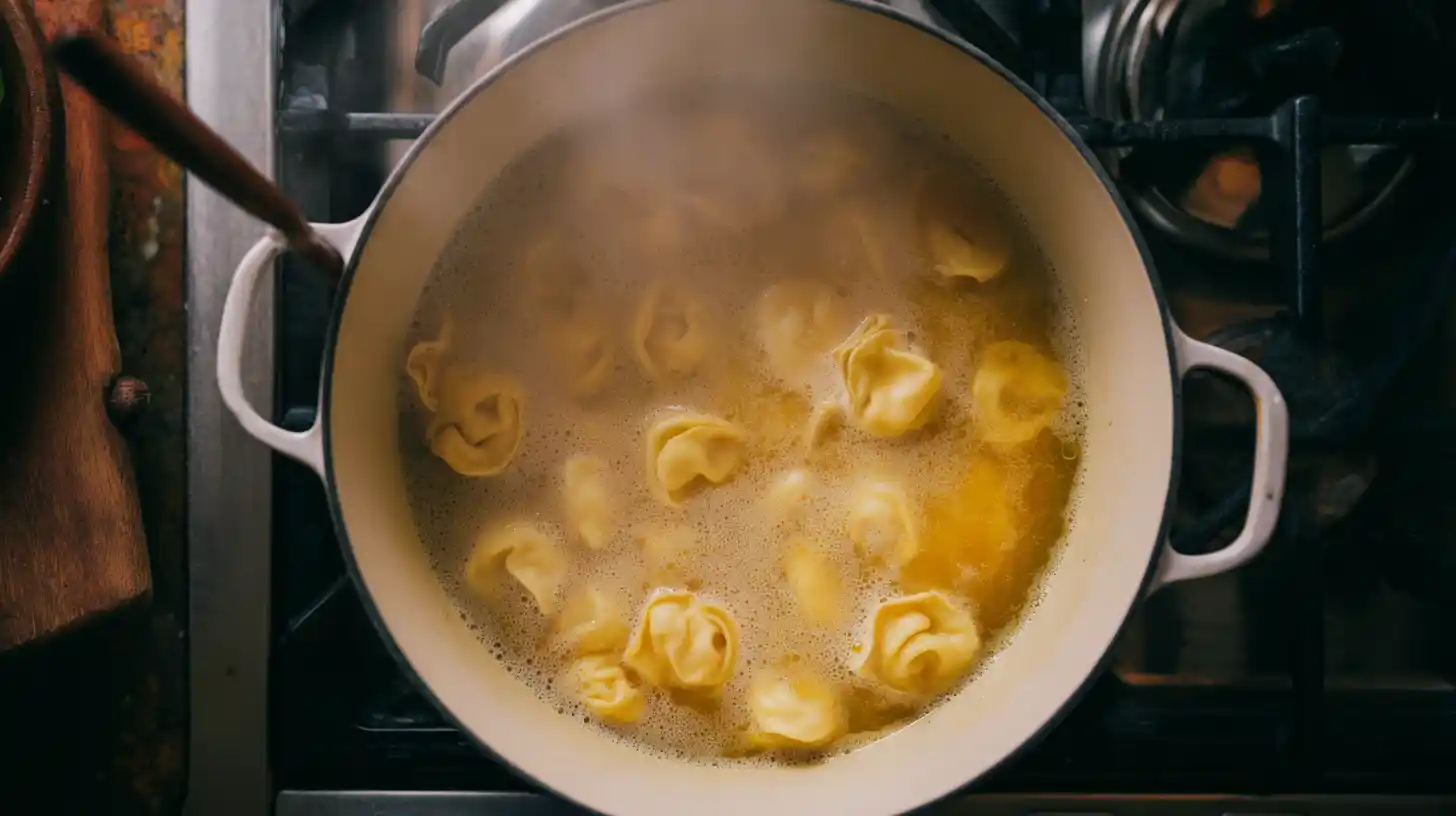 simmer-tortellini-chicken-broth-creamy-shrimp-recipe cheese tortellini simmering in chicken broth with garlic and vegetables for creamy shrimp pasta