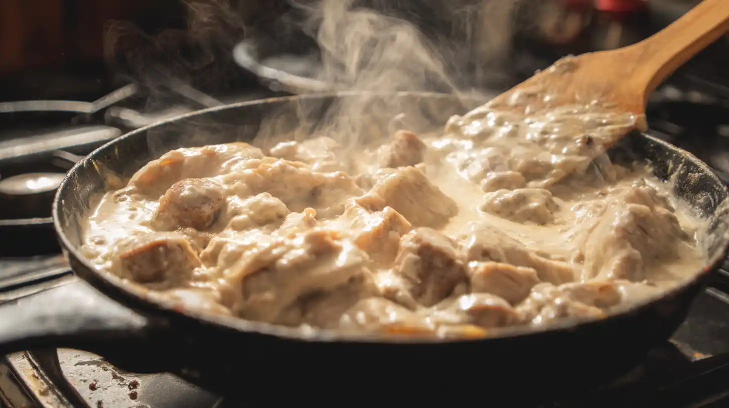 simmering-chicken-sausage-cream-skillet Simmering chicken and sausage in broth and cream in skillet