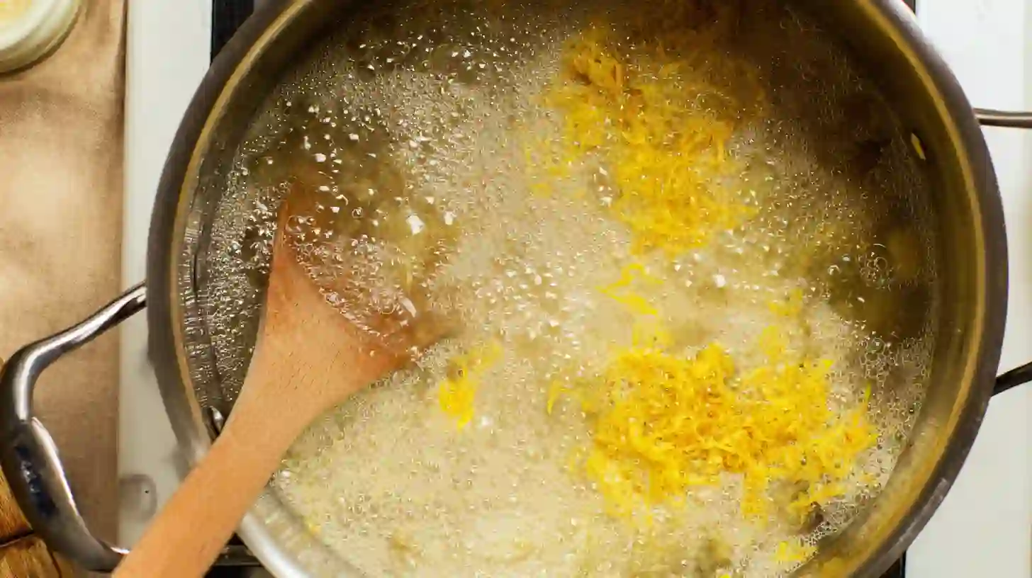 simmering-lemon-jam-base Simmering lemon zest and pulp for Italian lemon jam as part of DIY jam without pectin and small batch jam recipes