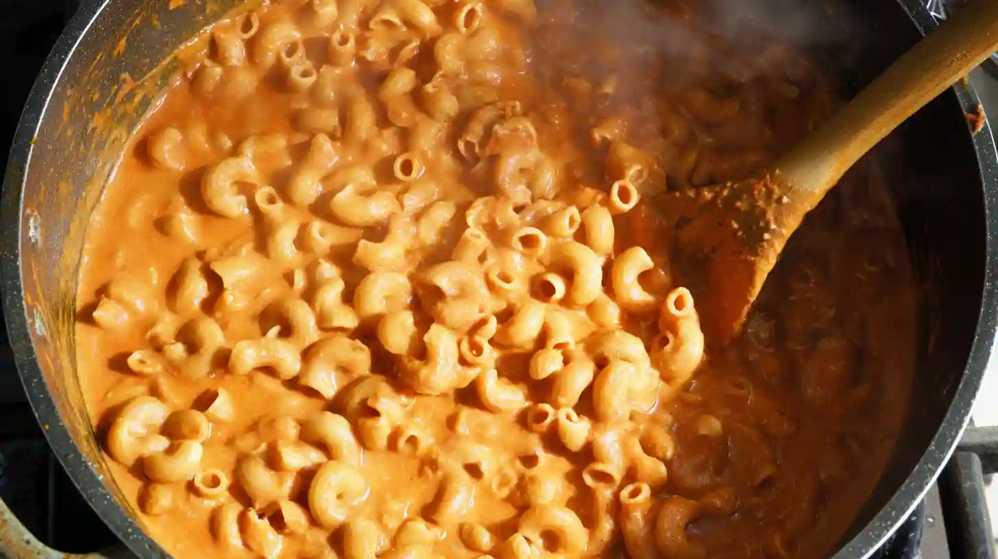 simmering-macaroni-in-cajun-sauce Elbow macaroni cooking in creamy Cajun sauce