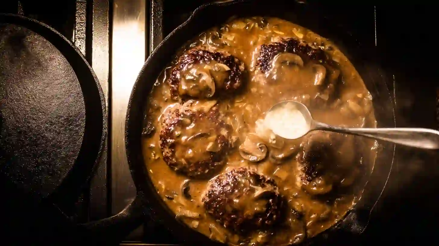 simmering-salisbury-steak-in-gravy Simmering Juicy Bobby Flay Salisbury Steak patties in gravy – perfect for gluten-free comfort food recipes and budget-friendly dinners for large families without using the best air fryer for large family recipes