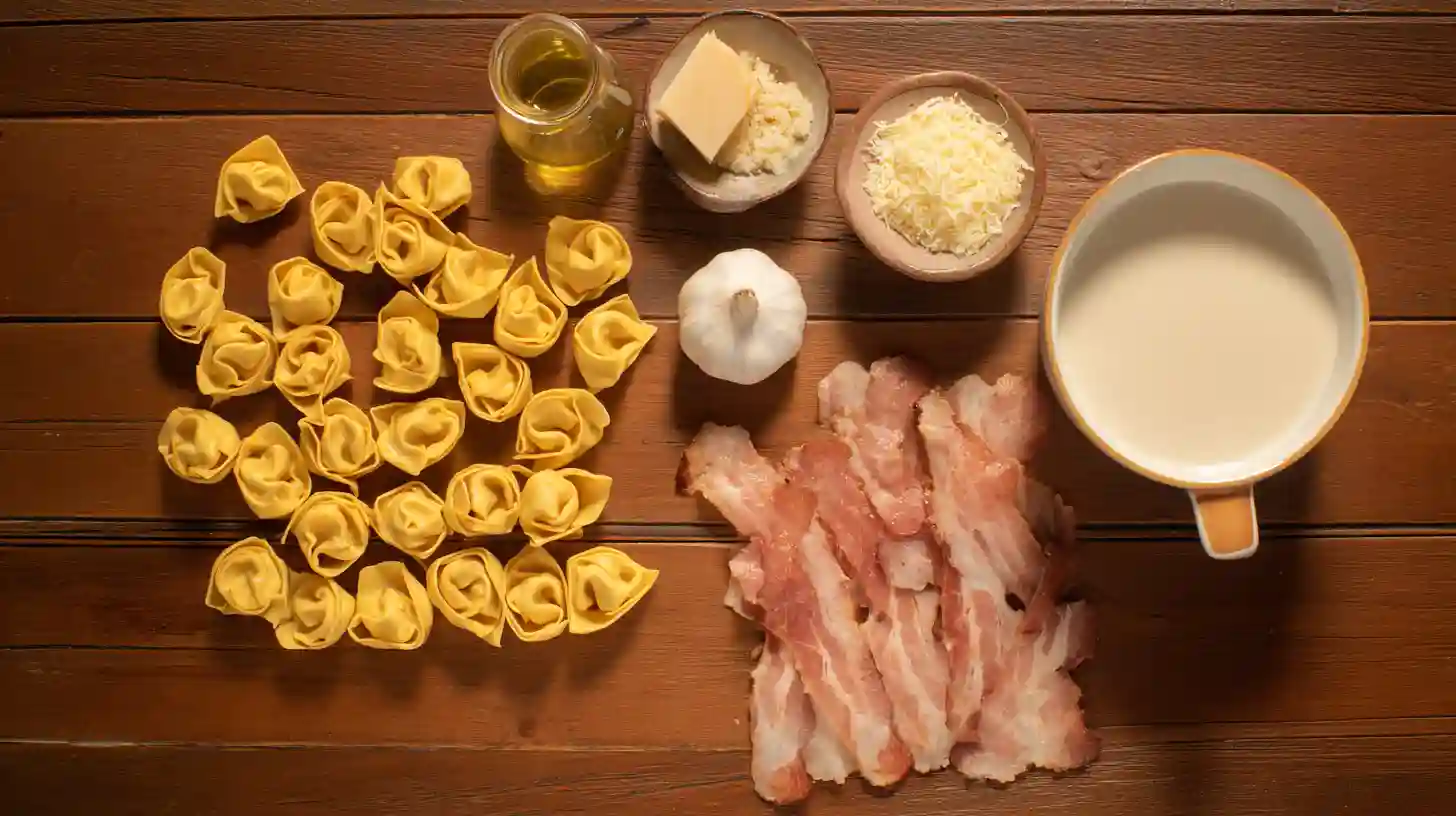 simple-bacon-tortellini-alfredo-Recipe-ingredients Ingredients for Simple Bacon Tortellini Alfredo Recipe on counter