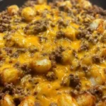 Golden cheesy Sloppy Joe Potato Skillet fresh from the broiler – easy weeknight dinner with ground beef and cheddar