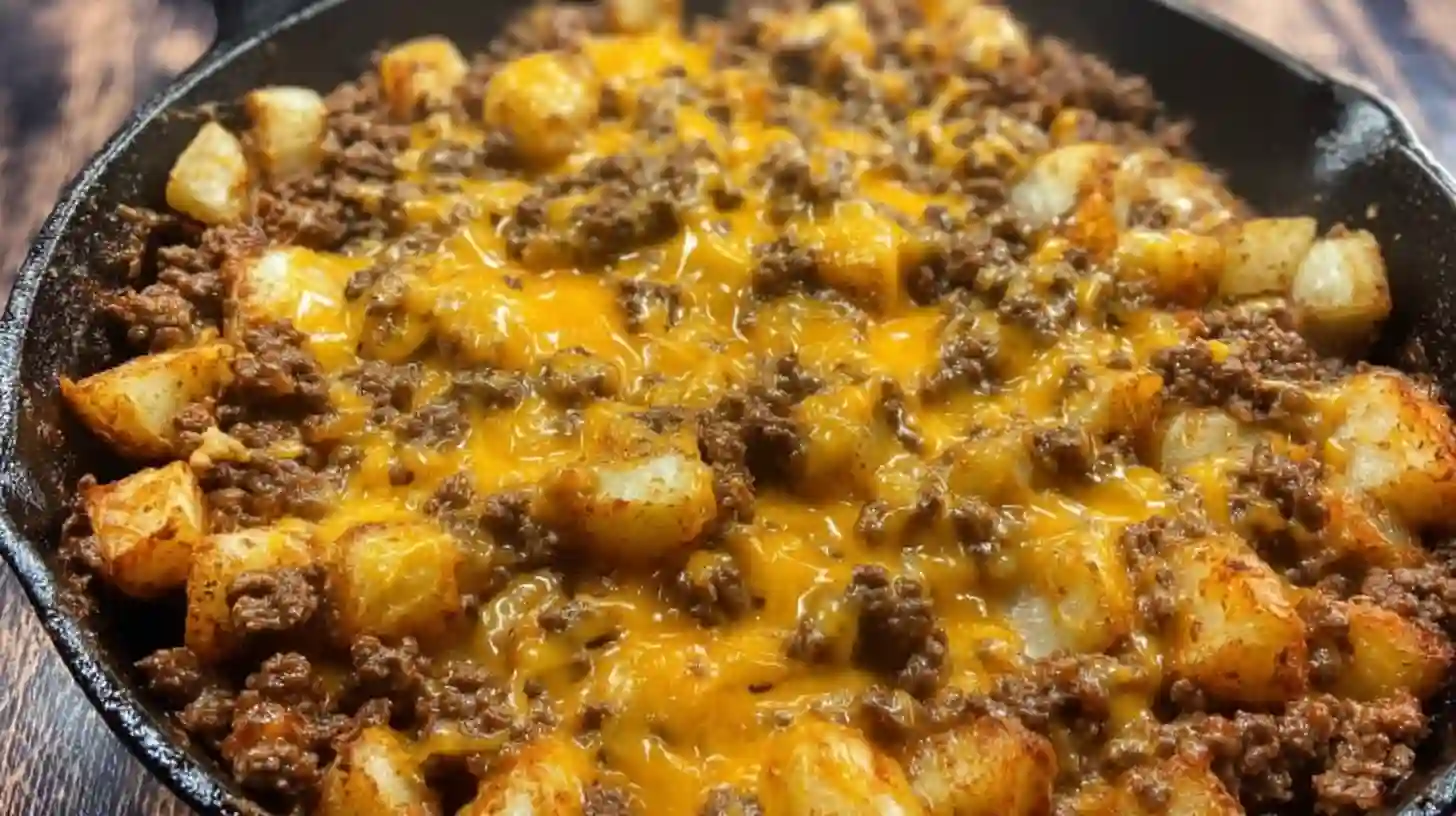 sloppy-joe-potato-skillet-cheese-broiled Golden cheesy Sloppy Joe Potato Skillet fresh from the broiler – easy weeknight dinner with ground beef and cheddar