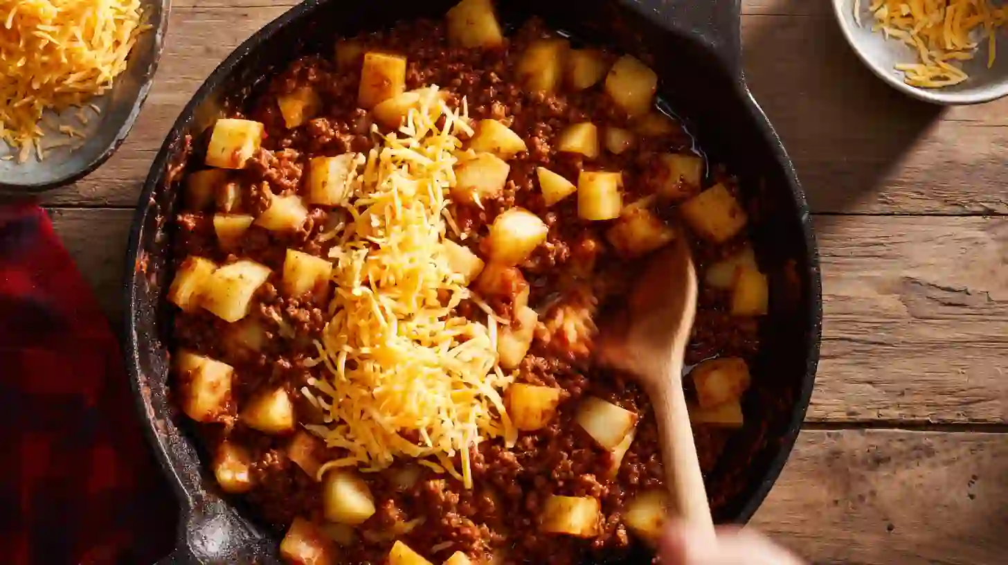 sloppy-joe-potato-skillet-combine-top-cheese Sloppy Joe Potato Skillet with crispy potatoes and cheddar cheese – easy family dinner recipe with ground beef and pantry staples