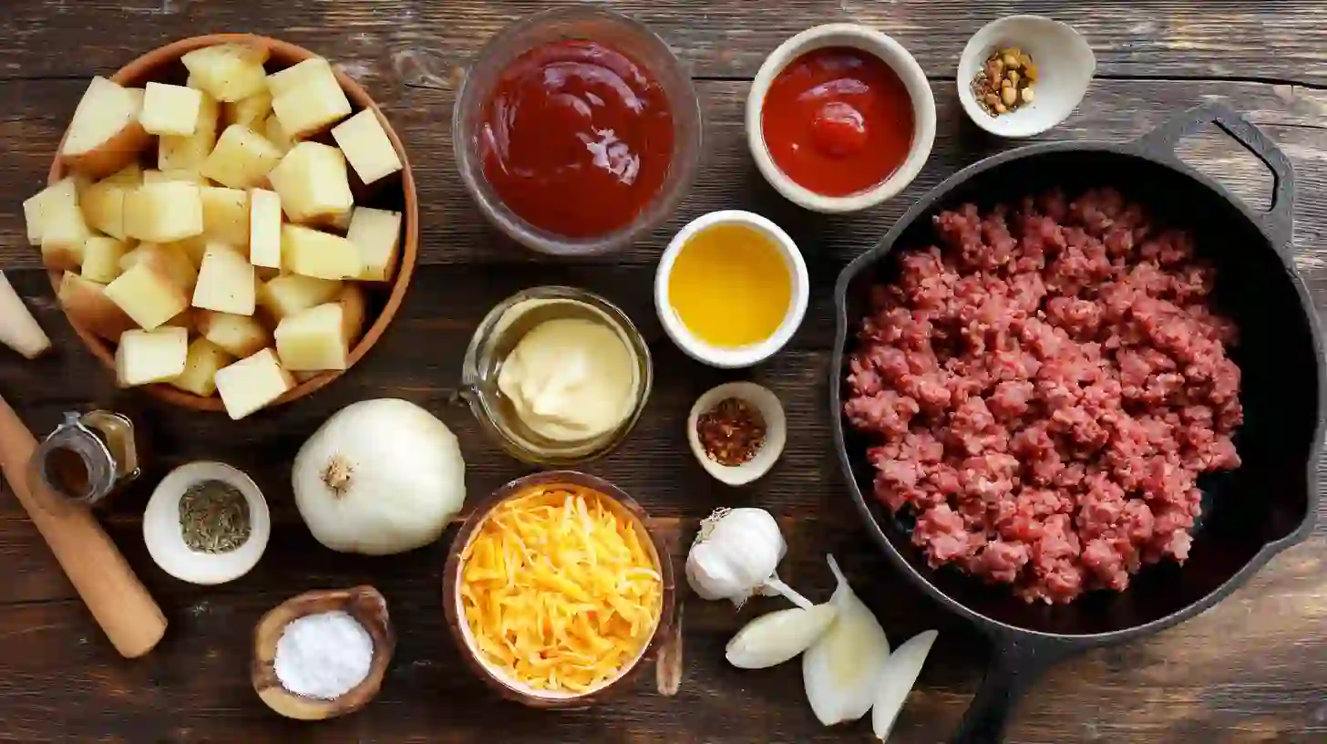 sloppy-joe-potato-skillet-ingredients Ingredients for Sloppy Joe Potato Skillet with ground beef, potatoes, cheddar cheese, and pantry sauces – easy weeknight dinner prep.family meals on a budget