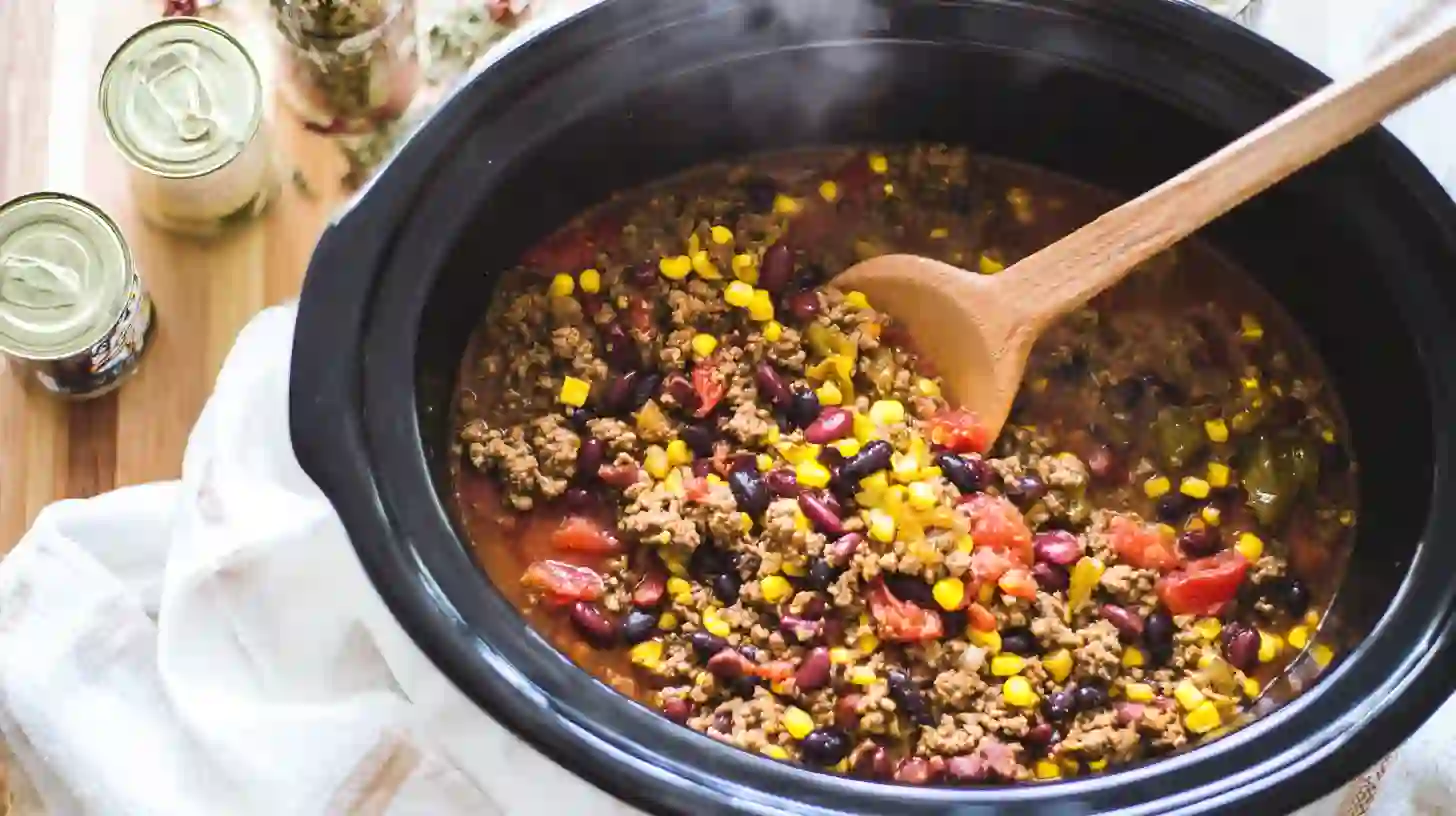 slow-cooker-ranch-taco-soup-layering-step layering beans, corn, and beef into slow cooker – slow cooker meals for busy families