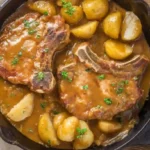 smothered pork chops with potatoes in gravy featured image