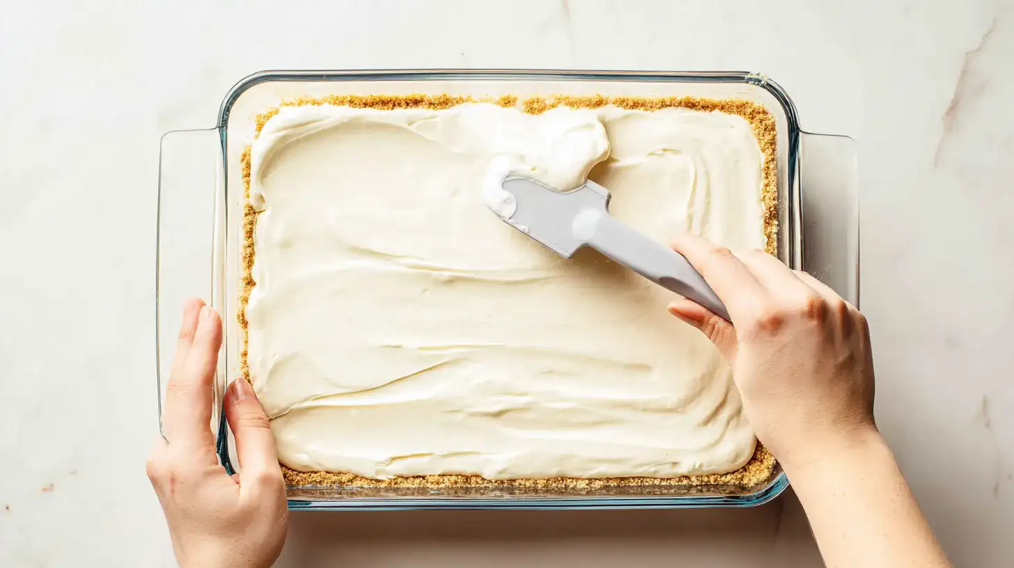 spread-cheesecake-filling-rectangular Hands spreading pineapple cheesecake filling over crust in 9x13 glass dish