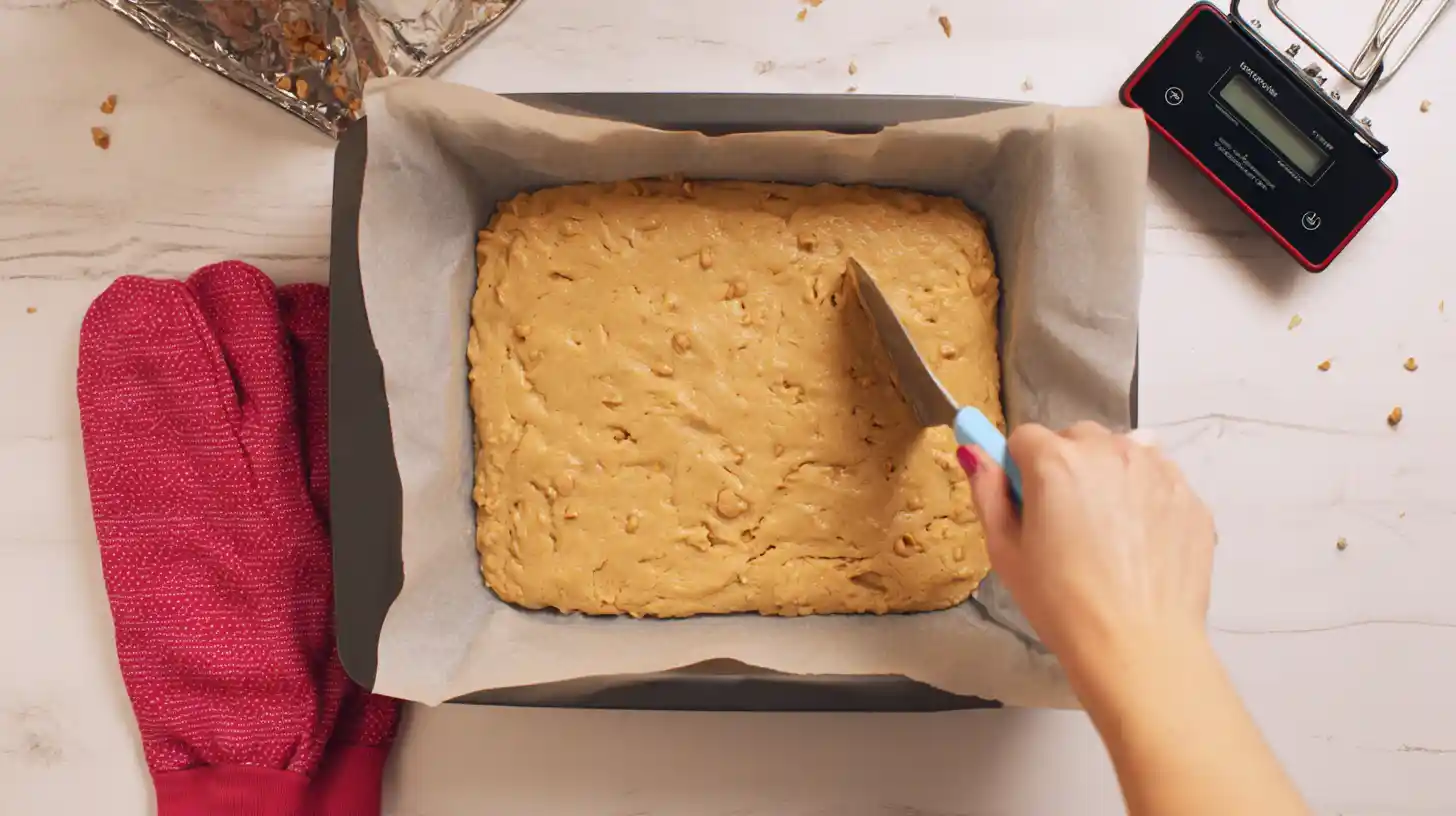 spread-cookie-dough-bake-cookie-bars Spreading cookie dough in a baking pan before baking