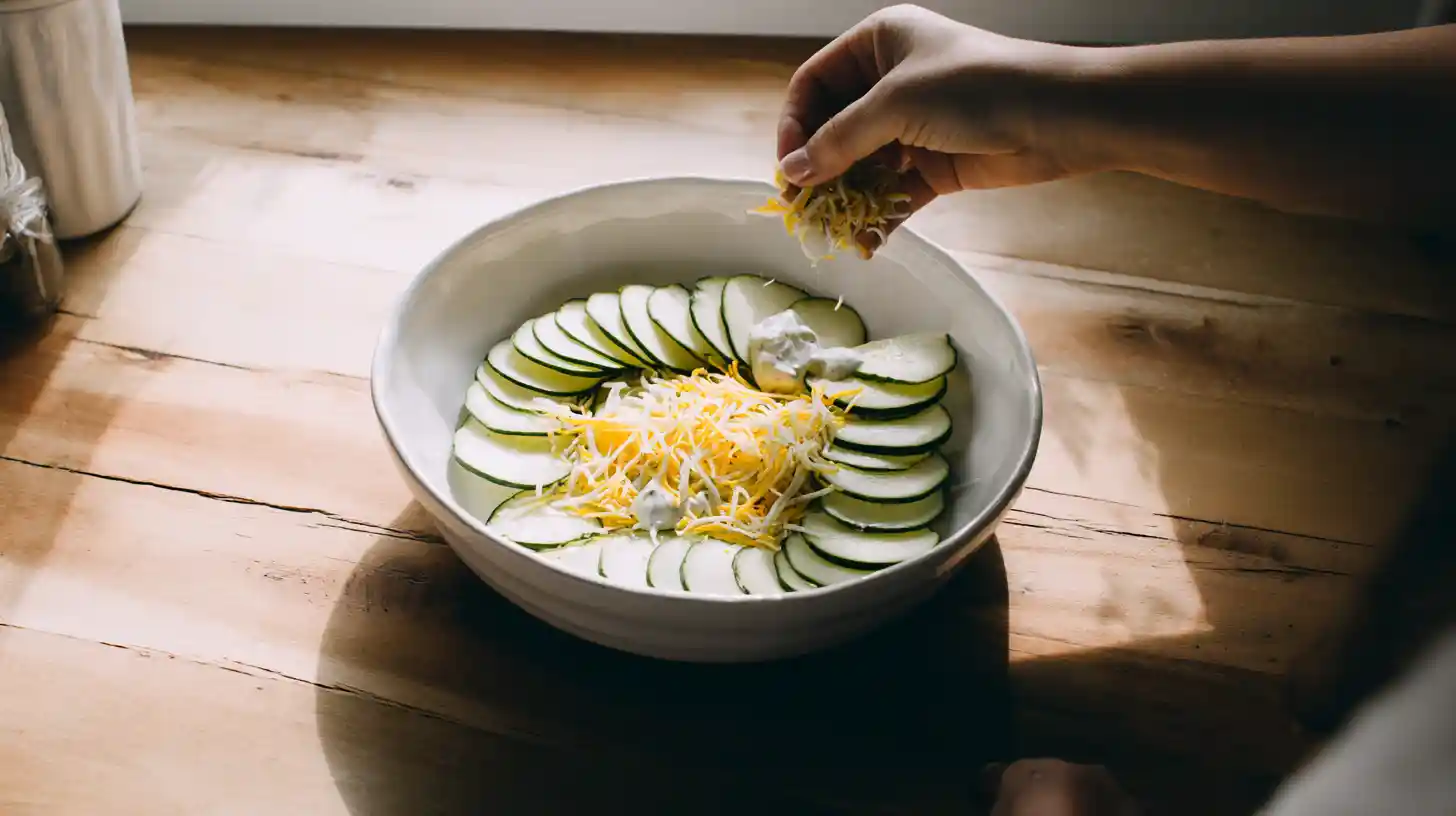 sprinkle-cheddar-cheese-cucumber-snacks-step3 Sprinkling cheddar on cucumber slices for healthy low-carb snack recipe, ideal for high-protein snack ideas and gluten-free snack recipes