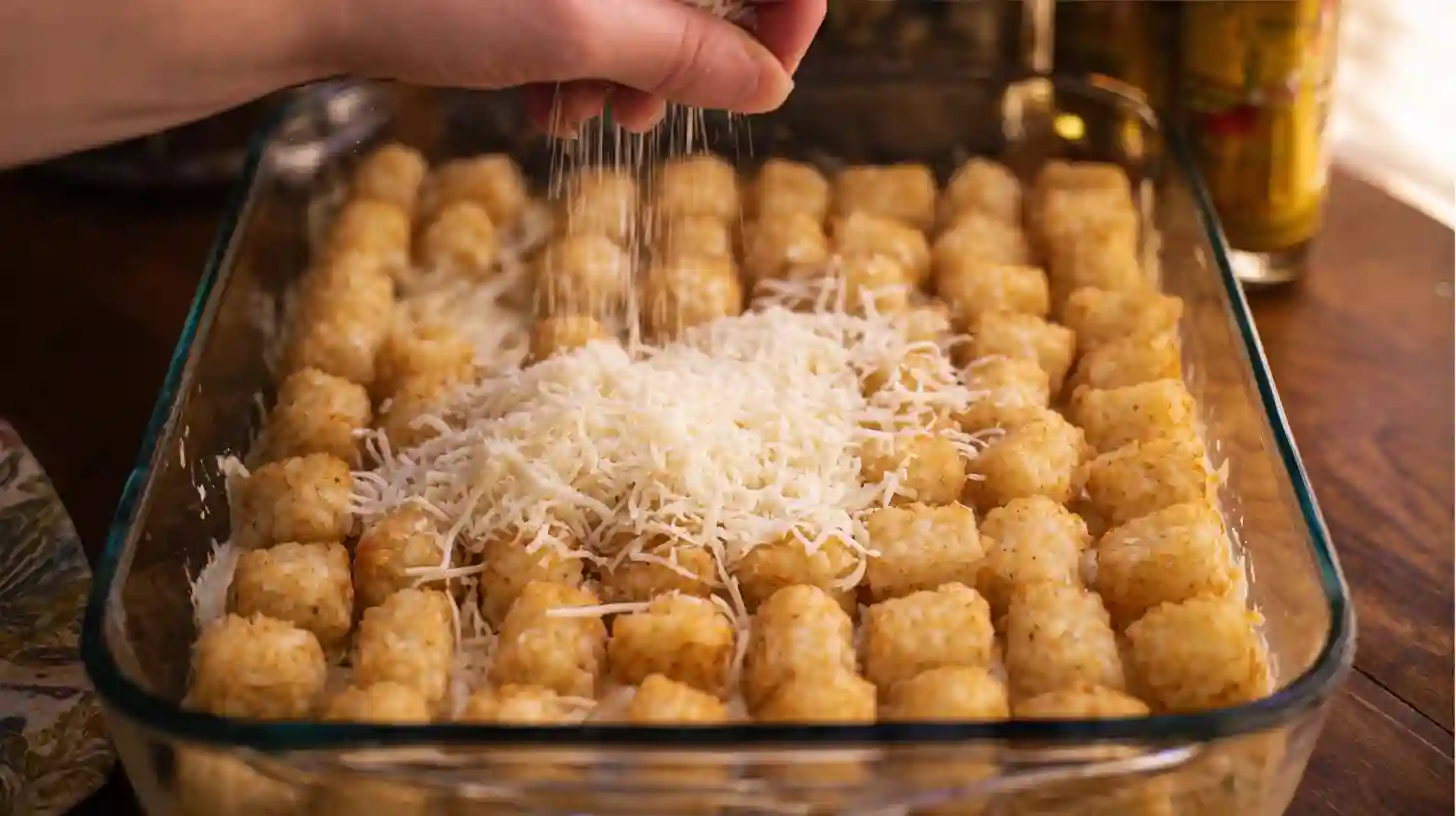 sprinkle-cheese-over-tater-tots Sprinkling cheese on tater tot casserole for creamy chicken recipes and easy family dinner recipes