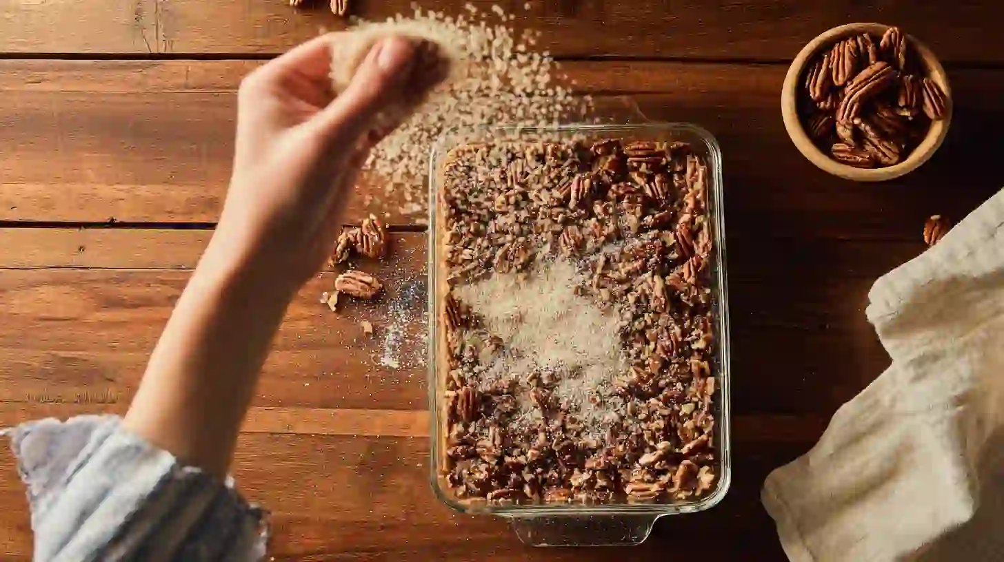 sprinkle-pecans-pecan-pie-dump-cake-step5 Sprinkling chopped pecans for easy pecan pie dump cake and homemade food gift ideas