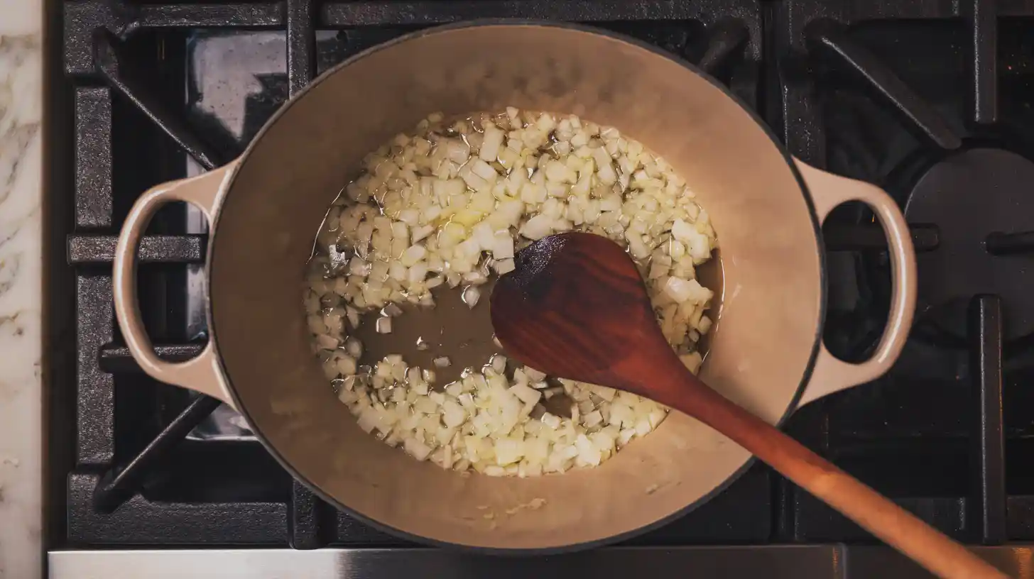 start-with-aromatics-campfire-stew Sautéing onion and garlic in olive oil to start campfire stew
