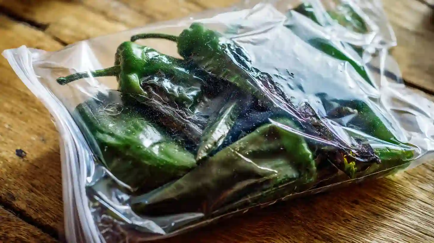 steam-peel-poblano-peppers Roasted poblano peppers steaming inside a plastic bag