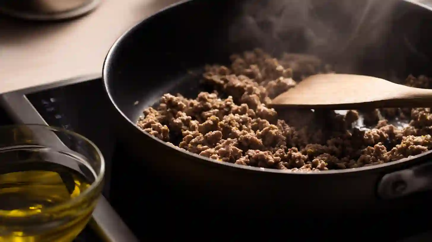 step-1-ground-beef-olive-oil-quesadillas Ground beef cooking in olive oil in a non-stick skillet.non-stick skillet for burgers