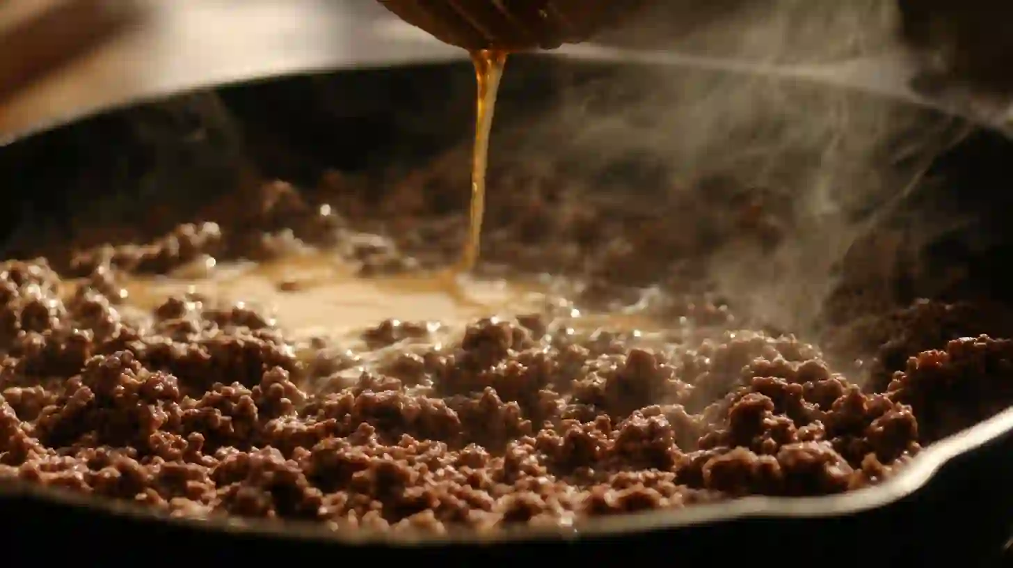 step-2-maple-simmered-beef-spices Maple syrup and spices simmering with browned beef in skillet.non-stick skillet for burgers