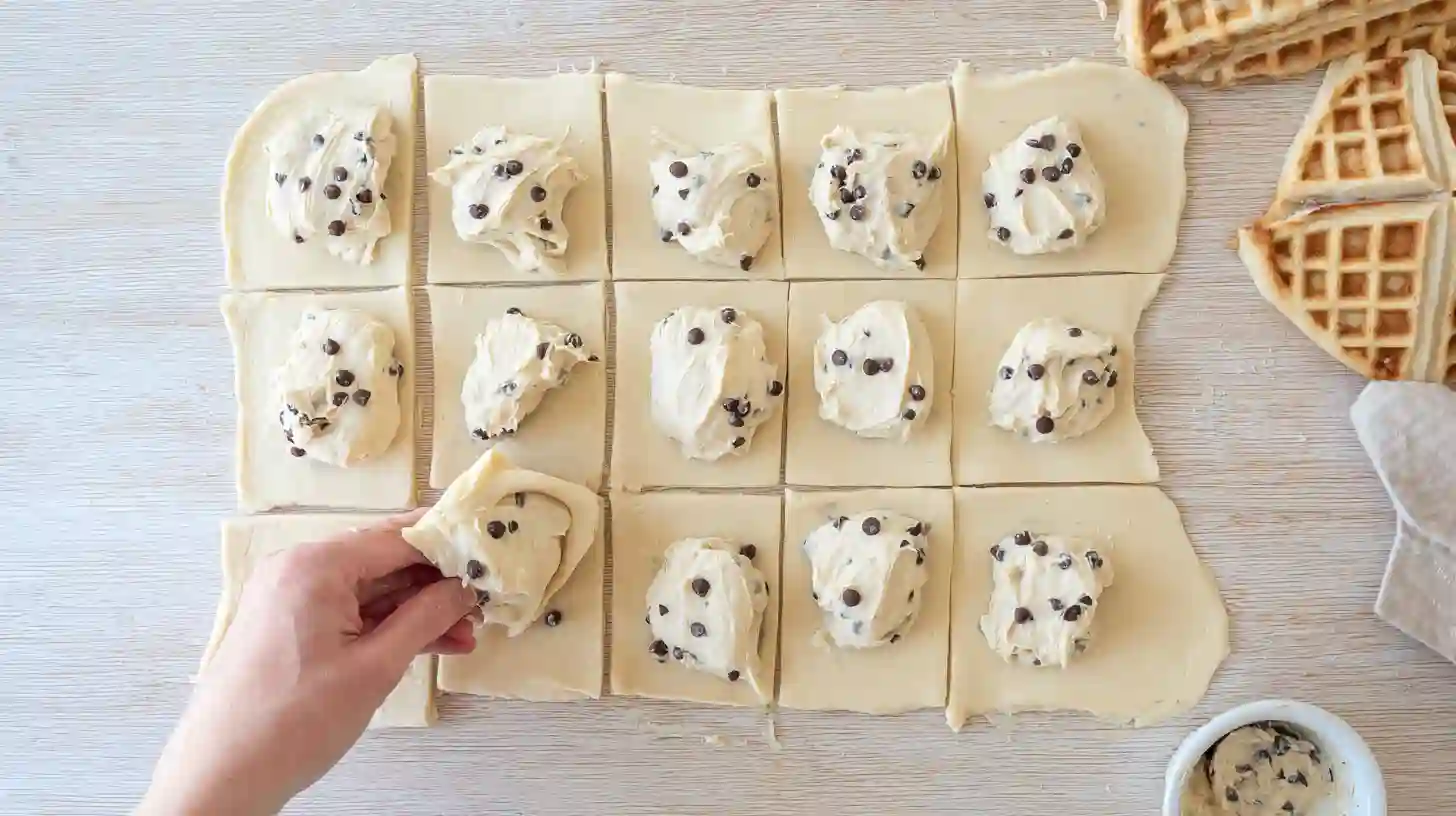 step-2-roll-fill-cheesecake-croffles-easy-dessert crescent dough filled with cheesecake and chocolate chips for crispy croffles – best waffle iron dessert recipes