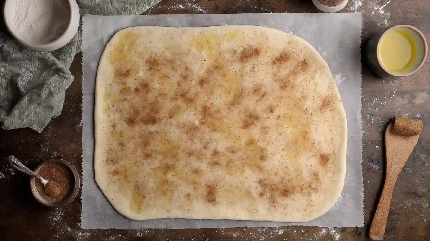 step-3-cinnamon-sugar-crescent-pizza Brushing butter and sprinkling cinnamon sugar over flat crescent sheet for Cinnamon-Sugar Pizza made with Crescent, a simple crescent roll dessert recipe for families