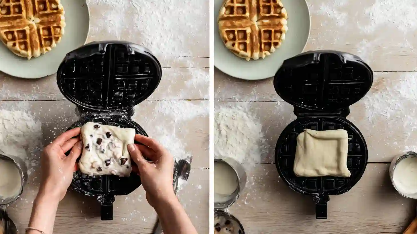 step-3-waffle-cooking-croffles-dessert cooking cheesecake-filled croffles in waffle iron – best waffle iron dessert recipe idea