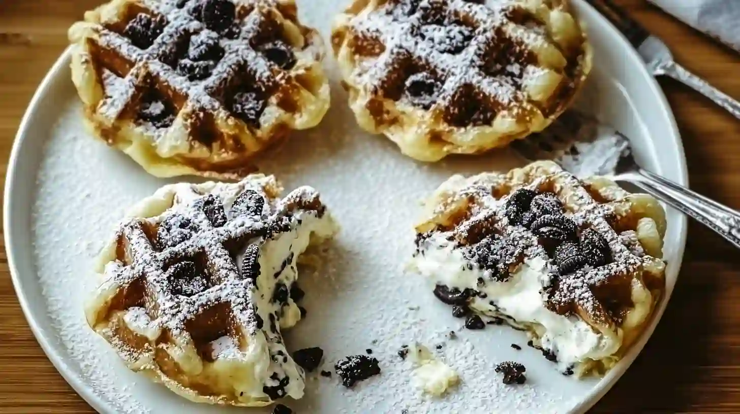 step-4-dress-serve-cheesecake-cookie-croffles cheesecake croffles with Oreos and powdered sugar – indulgent dessert idea for busy moms