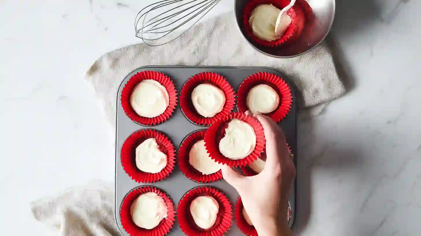 step-4-fill-layer-cheesecake-red-velvet-cupcakes Filling red velvet cupcake liners with cheesecake for homemade gourmet desserts
