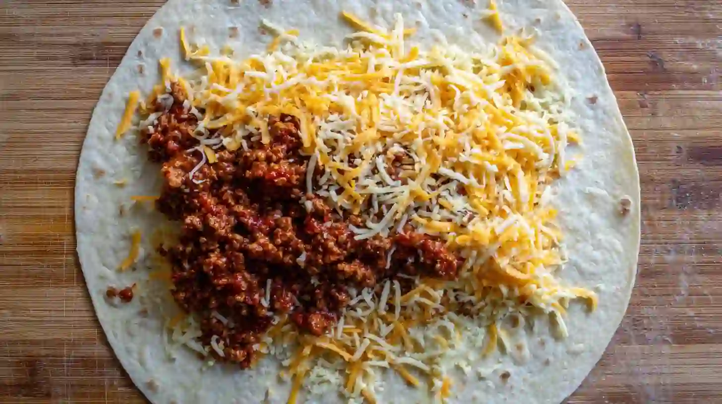 step-4-layering-cheese-maple-bacon-quesadillas Layering cheese and maple bacon beef on flour tortilla.sweet and savory dinner idea