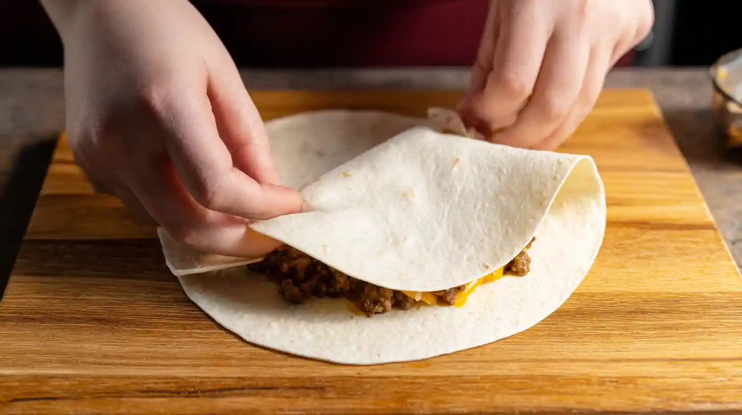 step-5-folding-tortilla-maple-bacon-quesadillas Folding tortilla in half over cheese and beef filling.easy weeknight dinners for busy moms