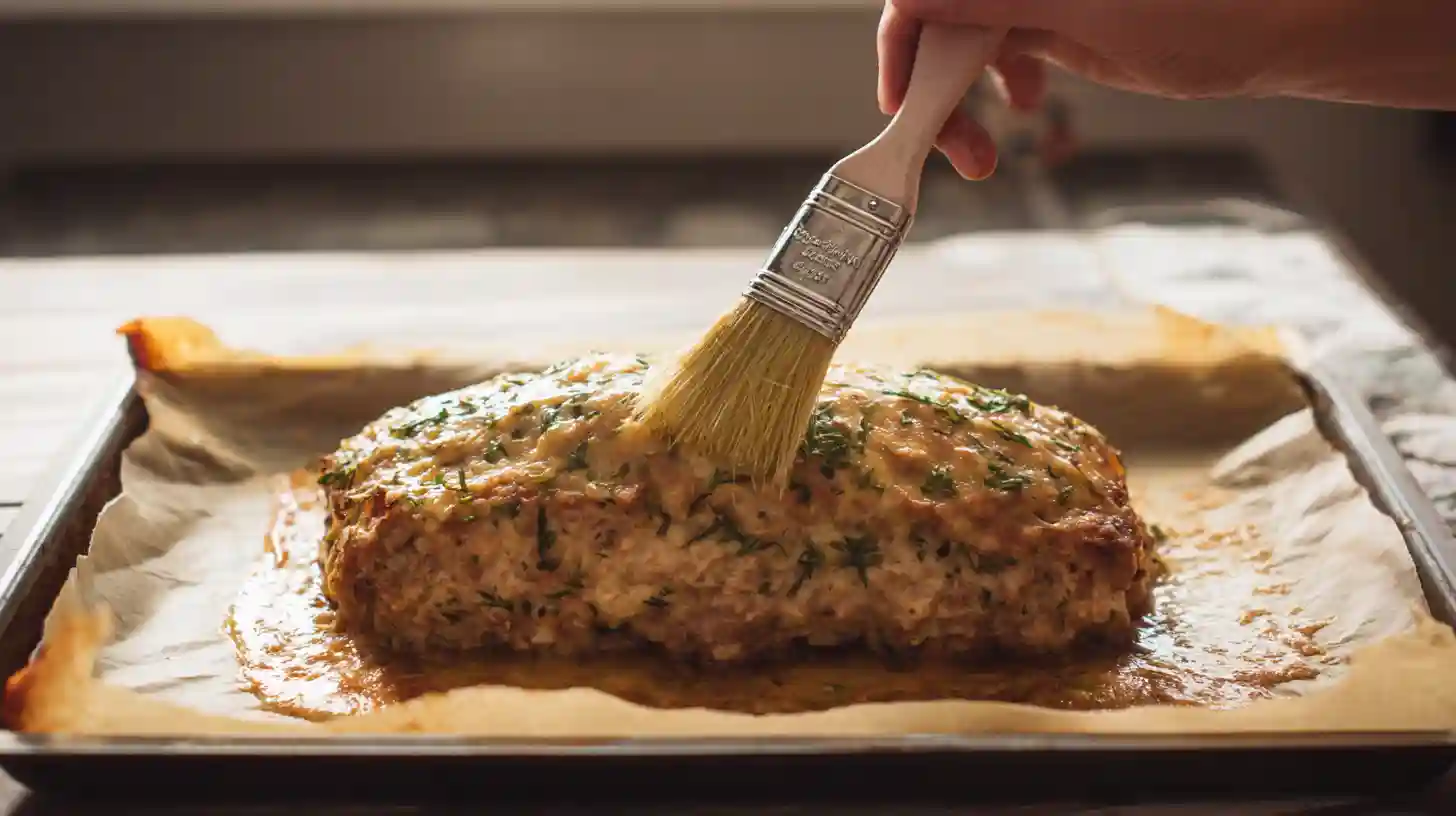 step-5-glaze-finish-garlic-parmesan-chicken-meatloaf Brushing garlic parmesan glaze over chicken meatloaf – quick weeknight chicken recipes