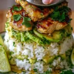 Honey Lime Chicken and Avocado Rice Stack plated – healthy chicken and rice recipe with avocado for easy high-protein dinner