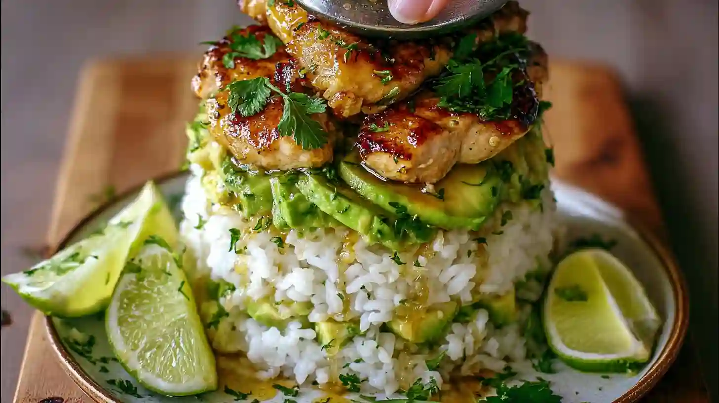 step-5-stack-honey-lime-chicken-avocado-rice-mea Honey Lime Chicken and Avocado Rice Stack plated – healthy chicken and rice recipe with avocado for easy high-protein dinner