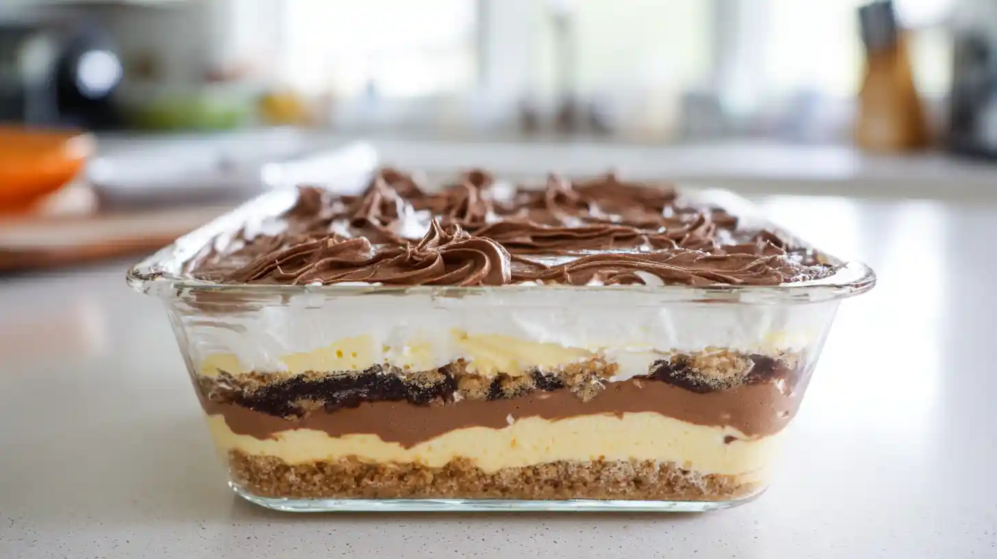 step-6-healthy-no-bake-chocolate-swirl-dessert Chilled chocolate swirl dessert bars with whipped topping – easy no bake healthy dessert for families