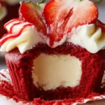 Strawberry cheesecake red velvet cupcakes with buttercream and fruit topping