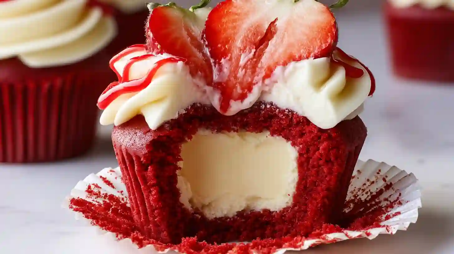 step-6-strawberry-cheesecake-red-velvet-cupcakes-frosted Strawberry cheesecake red velvet cupcakes with buttercream and fruit topping