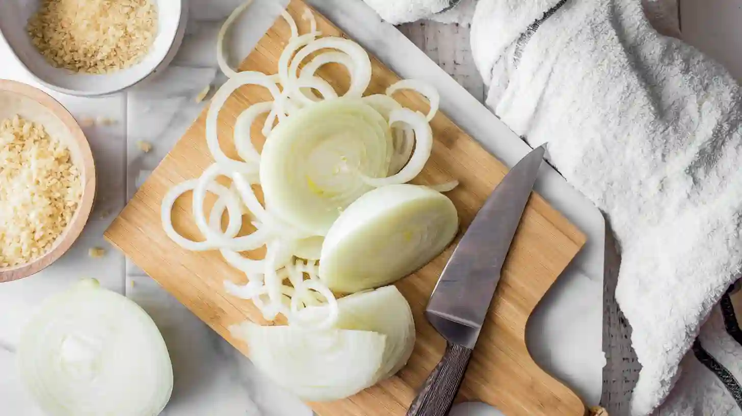 step1-cut-prep-onion-rings-crispy-bacon-cheeseburger Easy deep fryer recipes with onion rings for family dinners – prepping thick-cut onions for Crispy Bacon Cheeseburger Loaded Onion Ring Bombs
